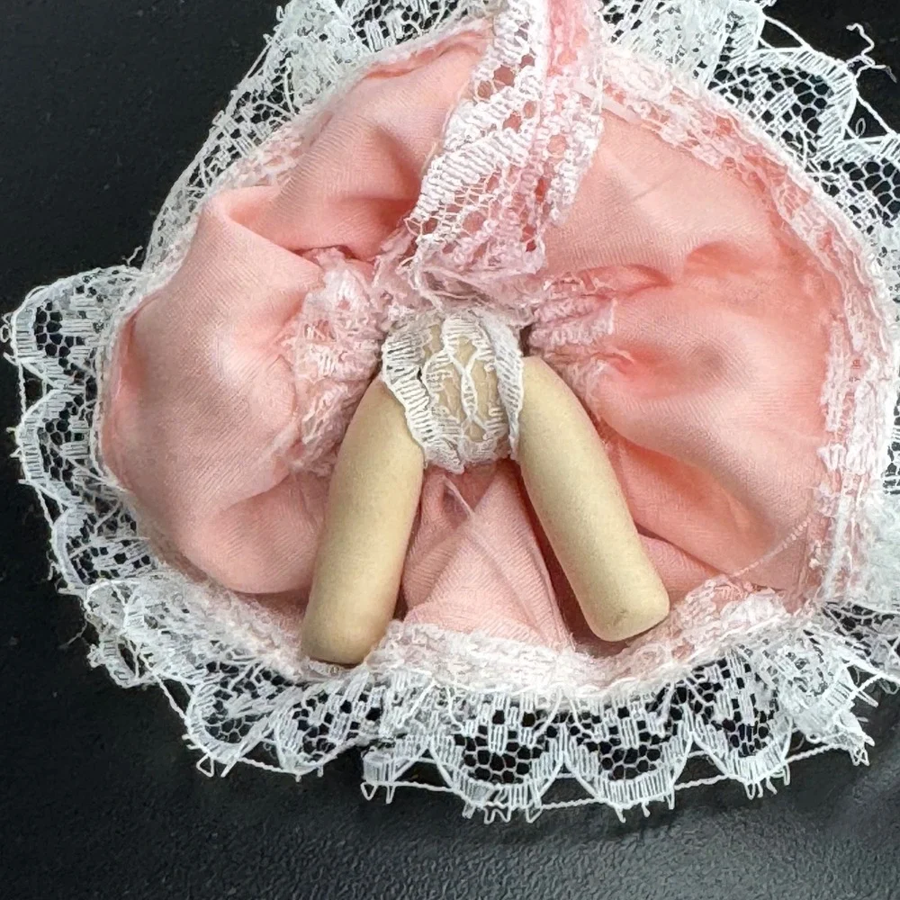 Vintage Miniature Doll Porcelain Face Pink Lace‎ Dress Collectible Display Decor